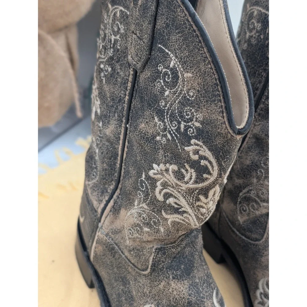Old West Distressed Charcoal Embroidered Cowboy Boots BSC1825 Coquette Size 2